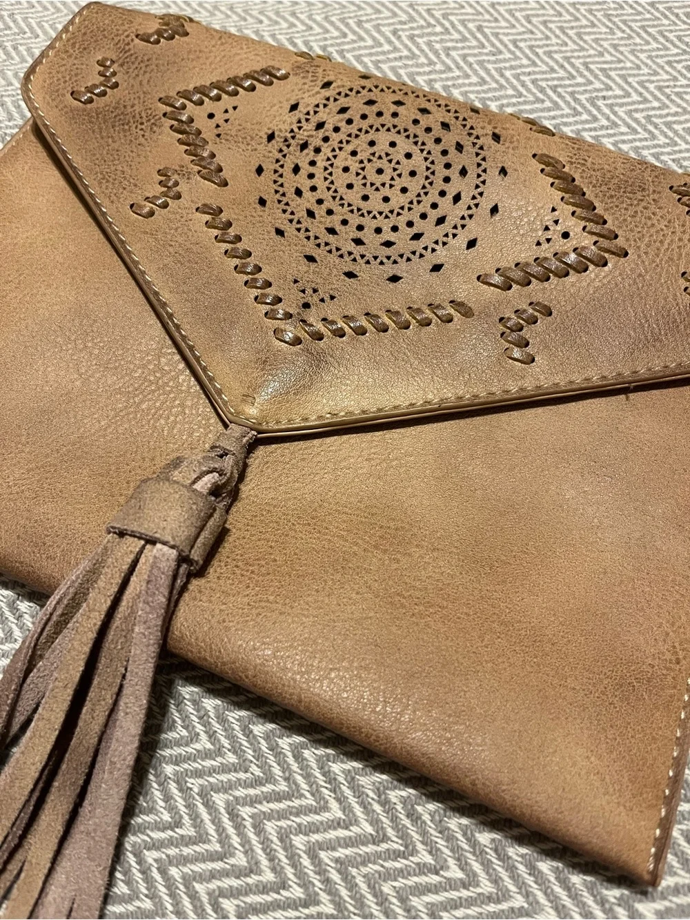 Anthropologie Street Level Brown Tassel Envelope Clutch. Western / Boho.